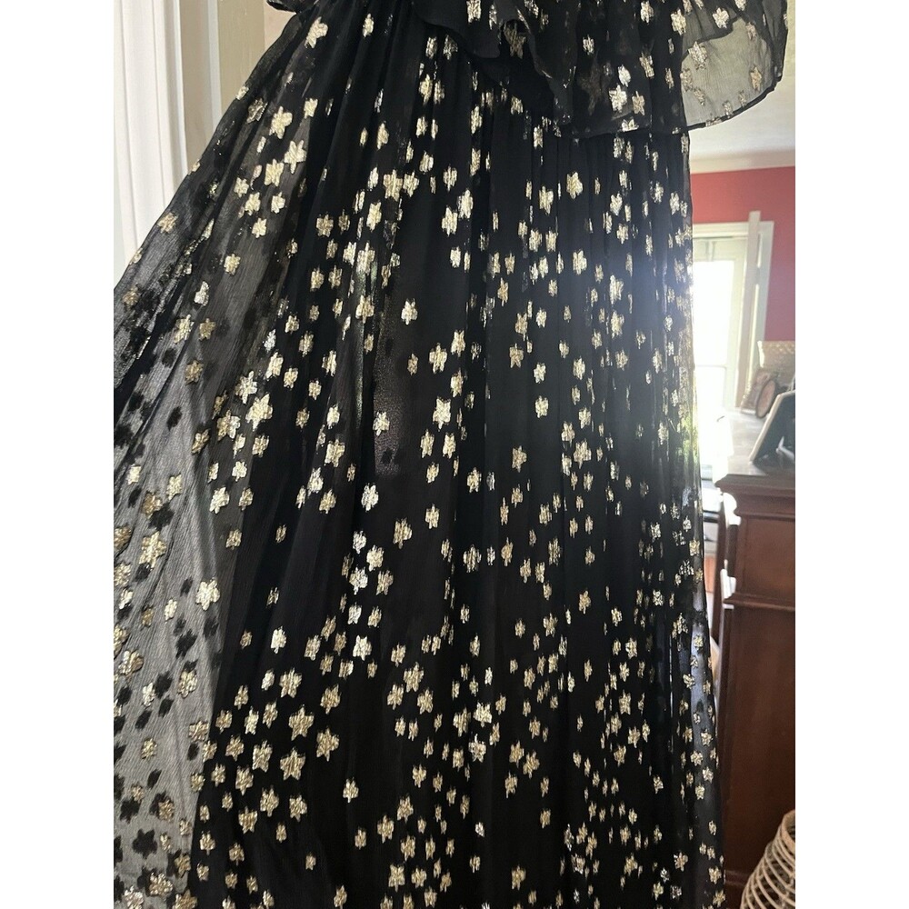 LoveShackFancy Black Silk Gold Metallic Star Maxi Off Shoulder Chiffon Dress 2 - Picture 6 of 16